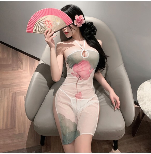 FEE ET MOI - Elegant Lotus Sheer Cheongsam Dress (White)